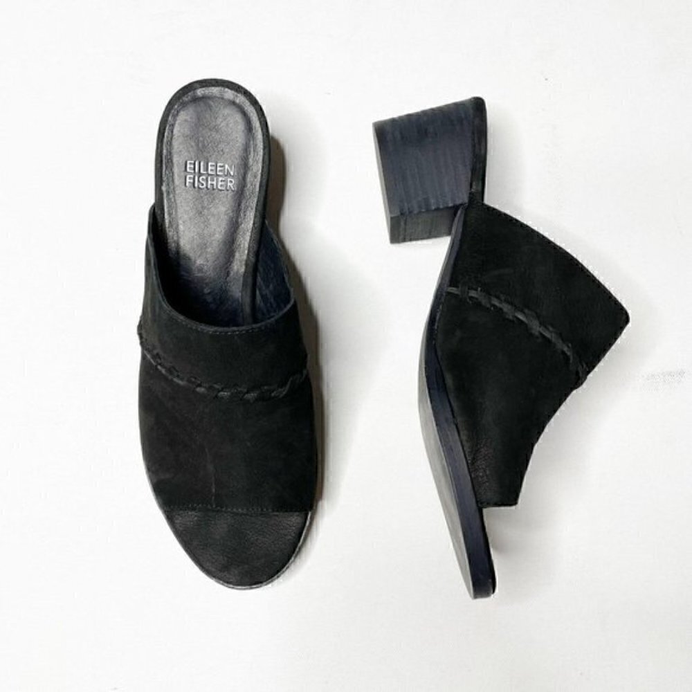 Eileen Fisher Kale Nubuck Leather Mule Slide 6 Block Heel Open Toe Braided Peep
